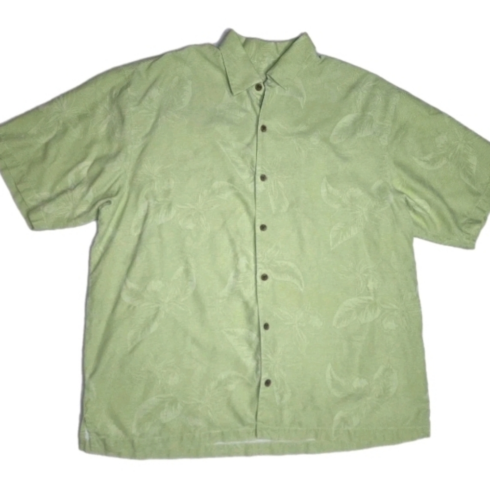 Tommy Bahama Mens 100% Silk Tropical Button Down Shirt Size XL Light Green Logo